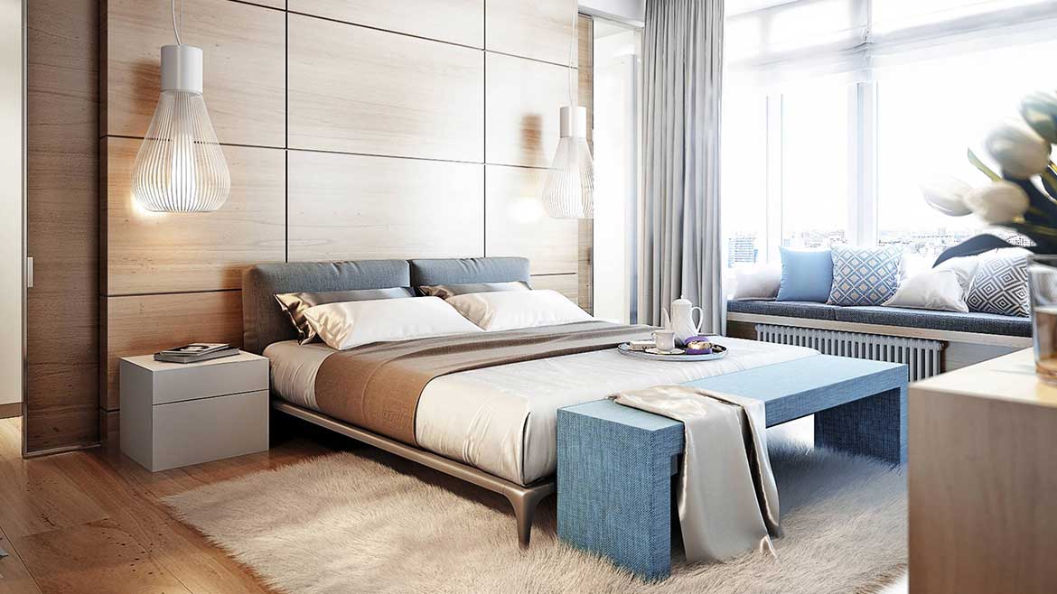 A bedroom with a bed, bench and window.