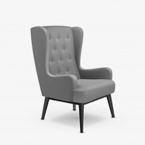 A gray chair with black legs and arms.