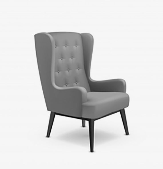 A gray chair with black legs and arms.