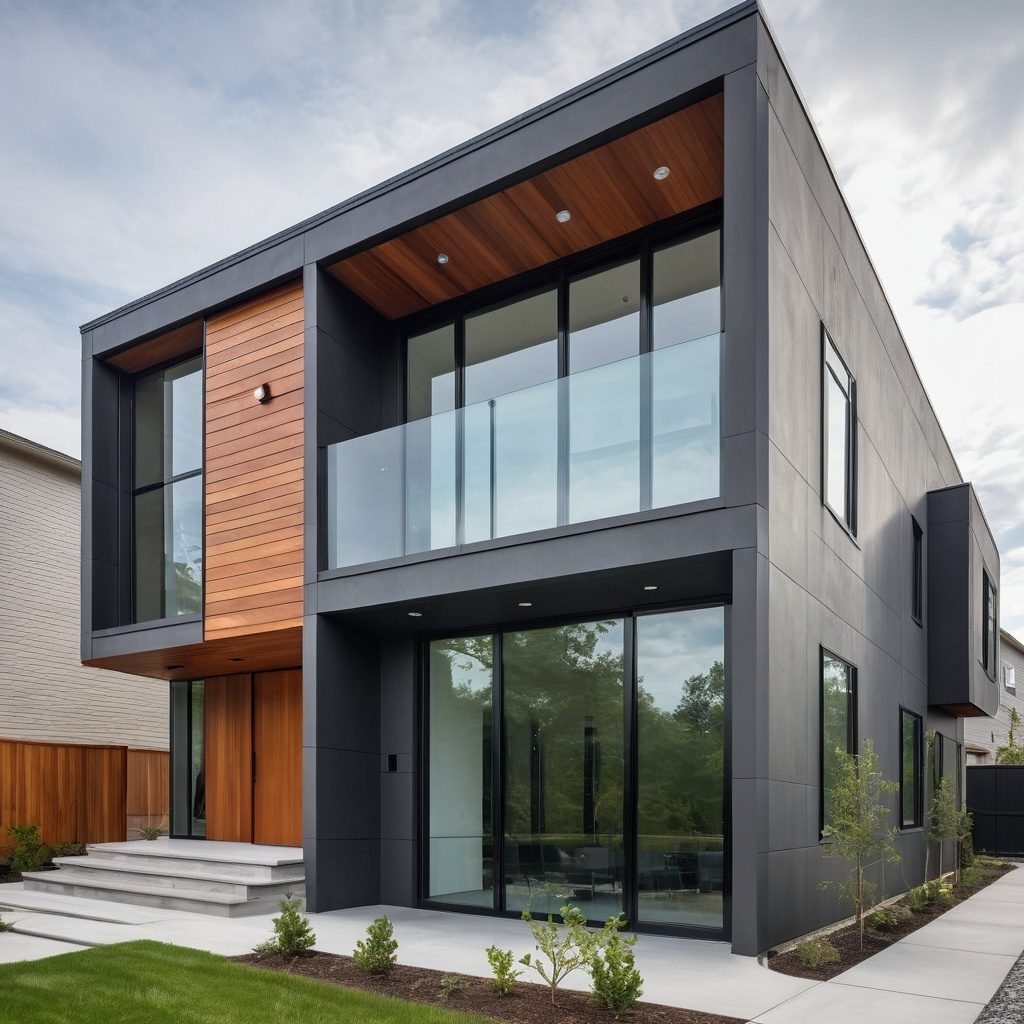 Modern dark gray house with wood accents.