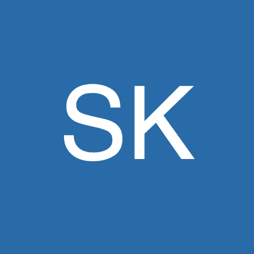 Here's an alt tag for the image: White letters SK on blue.