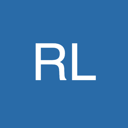 Here's an alt tag for the image: RL logo, white letters on blue.